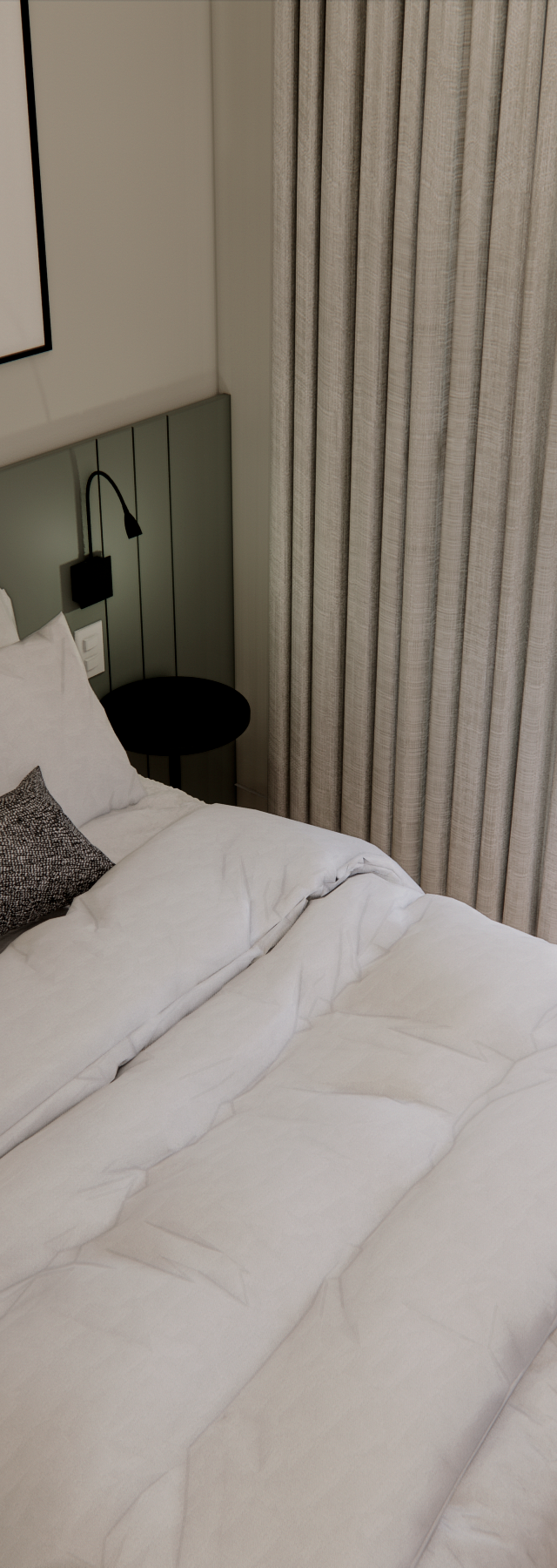 Render 3D de quarto no Wonder Ipiranga com cama, cabeceira verde, mesa lateral, cortina e varanda integrada com cadeira
