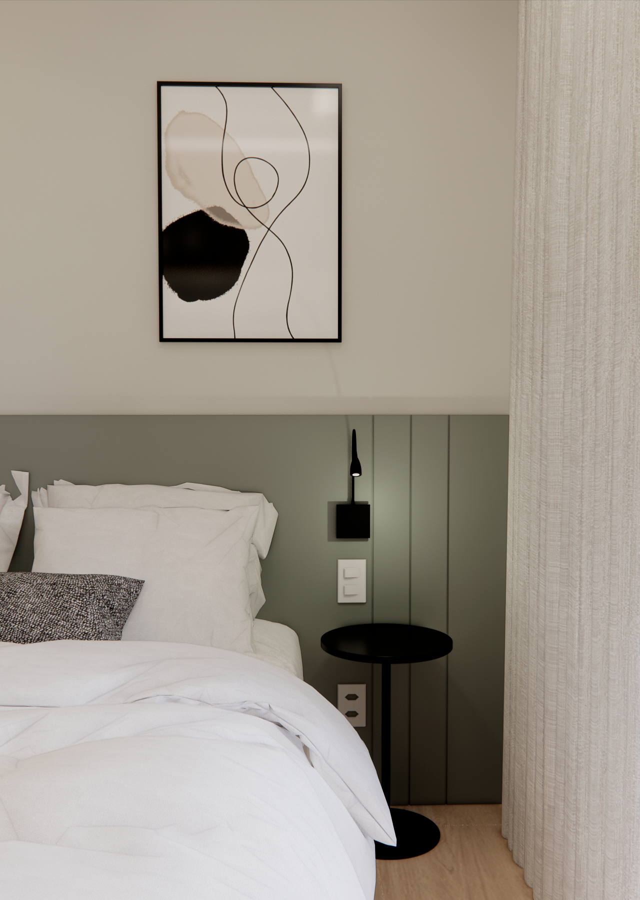 Render 3D de quarto no Wonder Ipiranga com painel verde, cama branca, mesa lateral preta, quadro abstrato e cortina leve