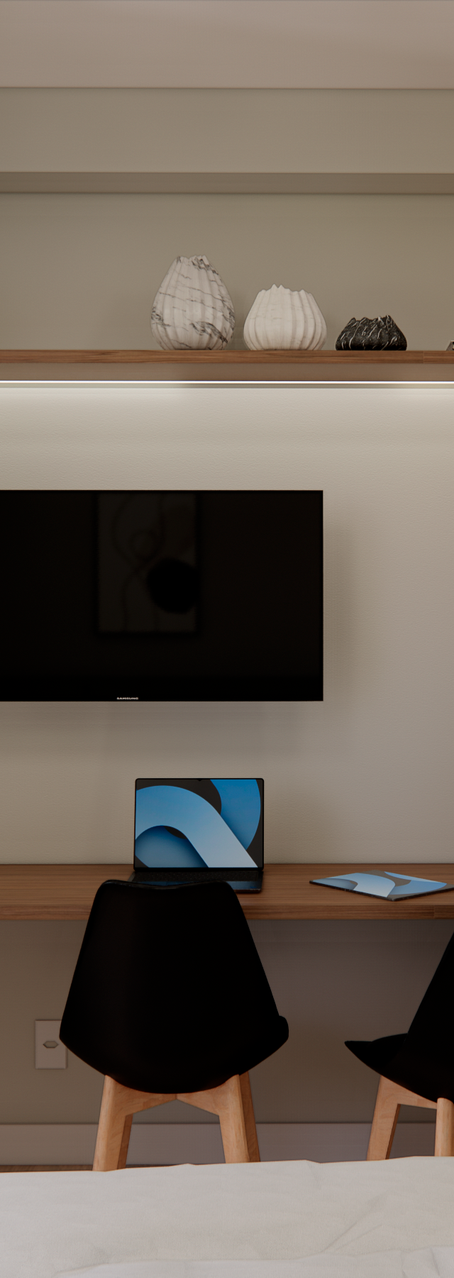 Render 3D de home office em quarto com marcenaria em madeira, TV, duas cadeiras pretas, planta e geladeira inox no Ipiranga
