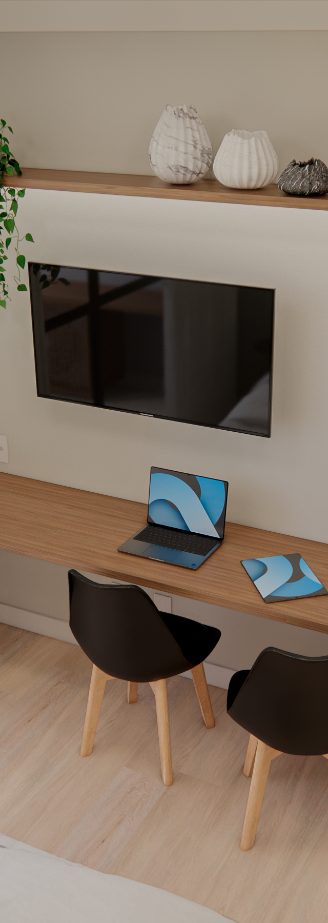 Render 3D do GF Wonder Ipiranga com bancada de madeira, cadeiras pretas, TV, geladeira inox e decoração em tons neutros