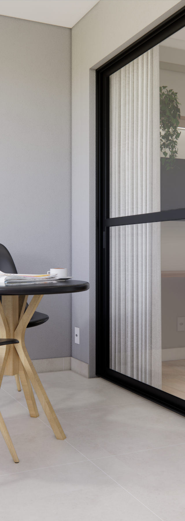 Render 3D de varanda gourmet no WONDER Ipiranga com mesa e cadeiras pretas, piso claro e fechamento em vidro com perfil preto