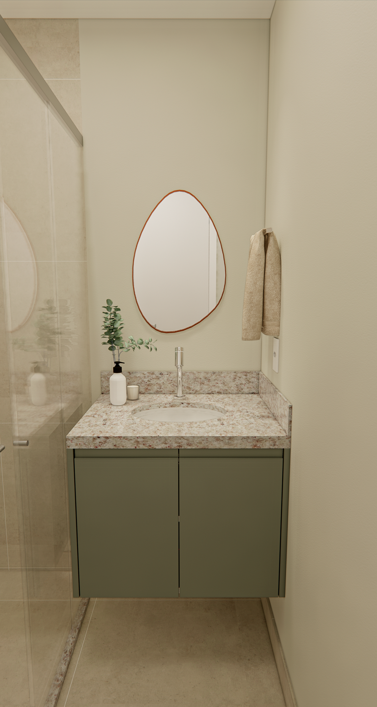 Render 3D de banheiro no GF - Wonder Ipiranga com gabinete verde, bancada de granito, espelho orgânico e tons neutros
