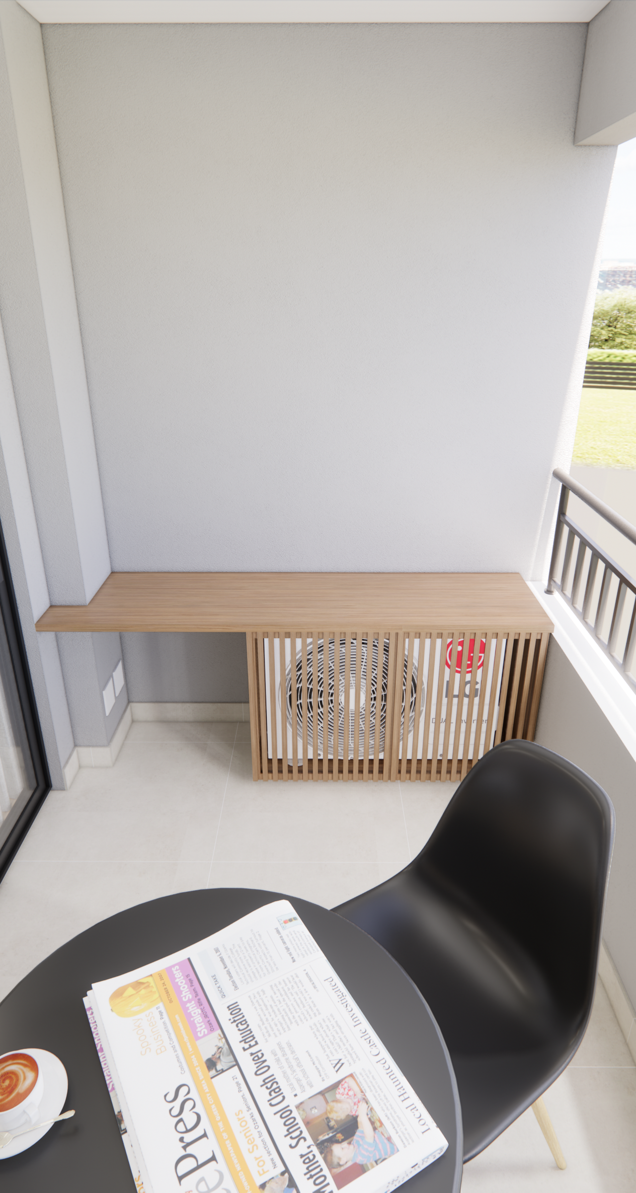 Render 3D de varanda do Wonder Ipiranga com mesa preta, cadeira, jornal e bancada de madeira com ripado para ar-condicionado