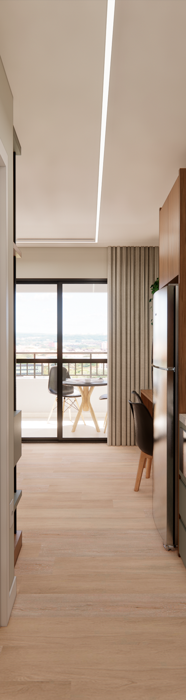 Render 3D de cozinha linear em tons de verde e madeira com bancada clara e iluminação em fita de LED no Wonder Ipiranga
