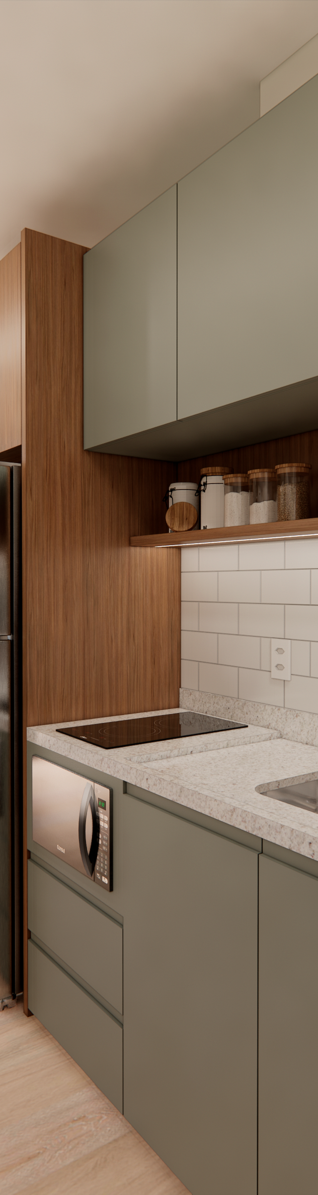 Render 3D de cozinha compacta no Wonder Ipiranga com marcenaria verde e madeira, bancada em granilite e iluminação linear