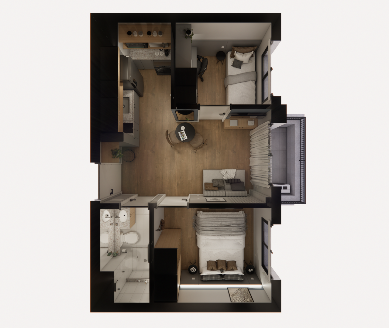 Planta 3D de apartamento com cozinha, banheiro, cama, sofá e bancada de refeições, mostrando a circulação entre os usos.
