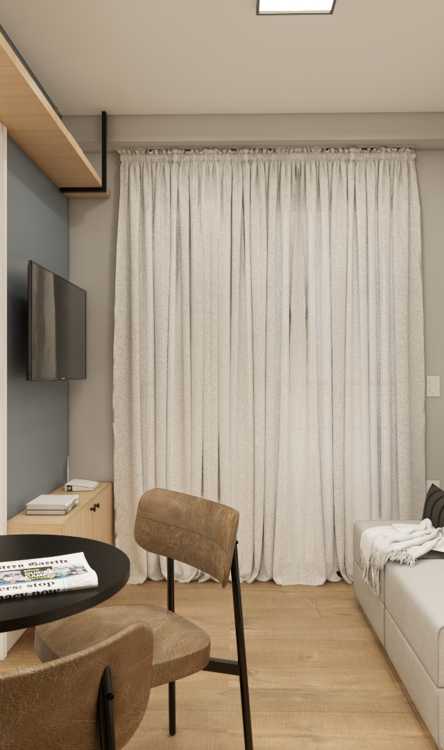 Render 3D de sala e jantar integradas, tons neutros, sofá cinza, mesa redonda preta, cadeiras estofadas e espelho grande