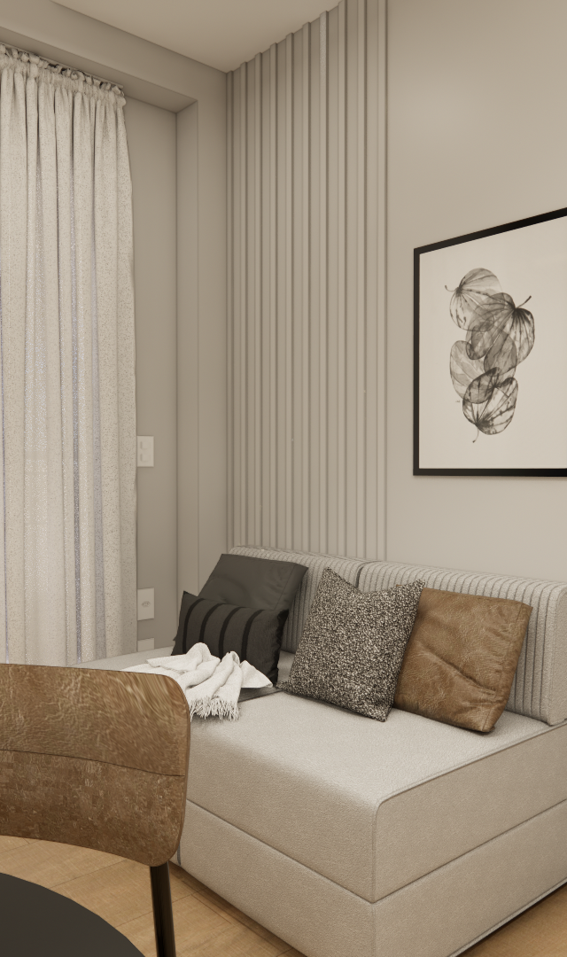Render 3D de quarto GM Vila Olímpia com sofá cinza, parede ripada, cortina clara, mesa preta e iluminação suave e neutra