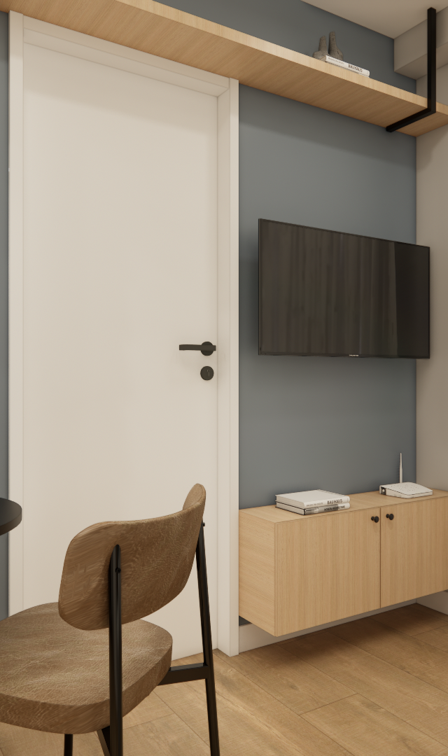 Render 3D GM Vila Olímpia: estúdio com parede azul, mesa preta, cadeiras de madeira, móvel suspenso e cortina clara