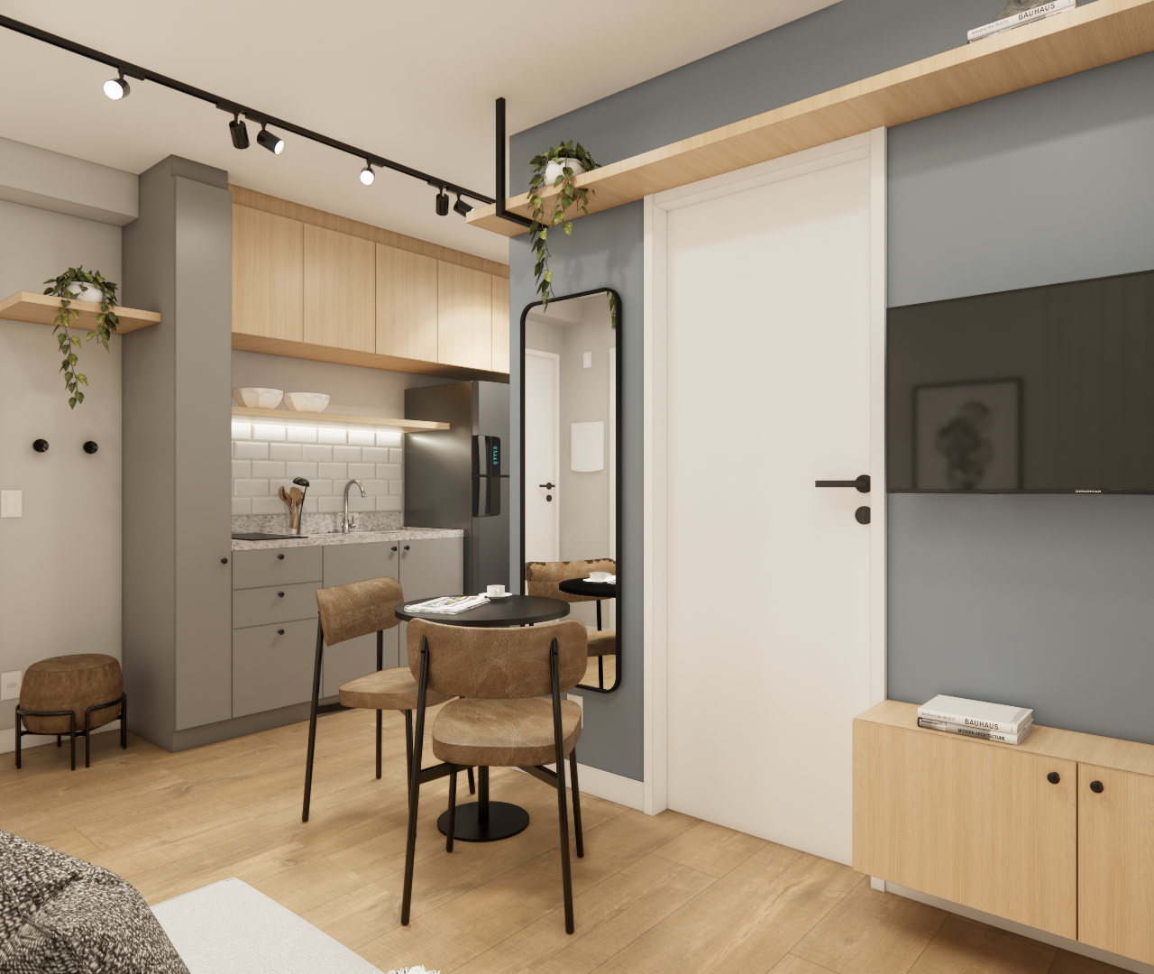 Render 3D GM Vila Olimpia: sala e cozinha integradas com marcenaria em tons cinza e madeira, mesa redonda e iluminação trilho