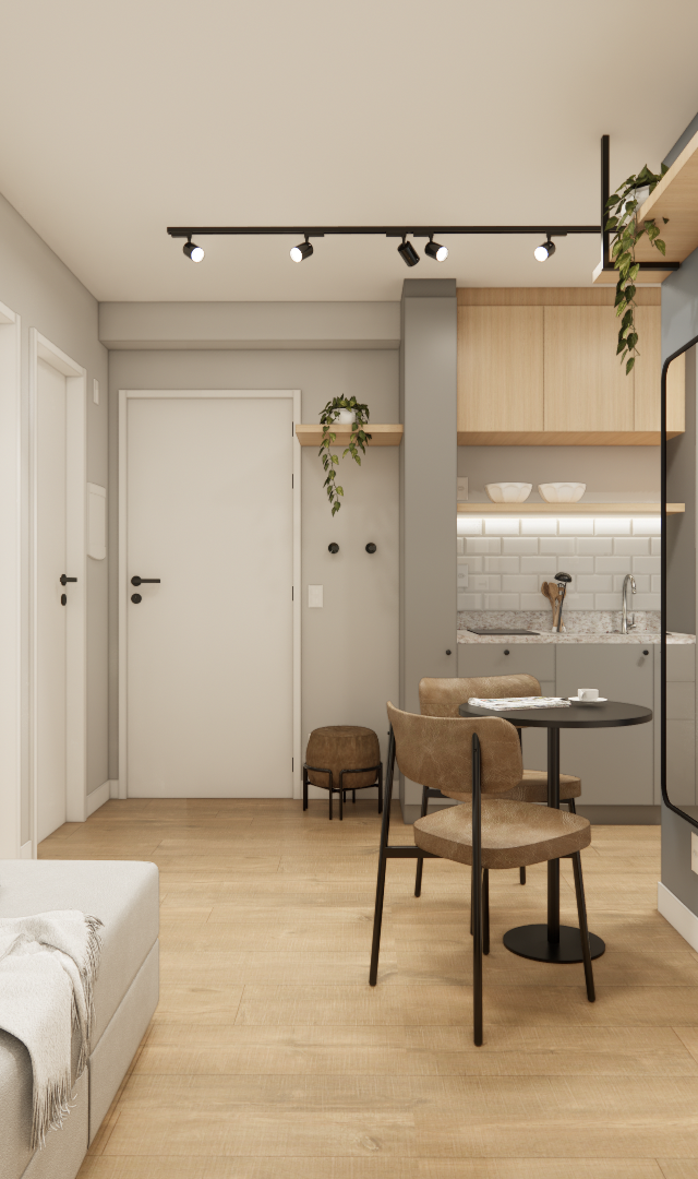 Render 3D de sala e cozinha integradas, marcenaria em tons neutros e madeira, iluminação em trilho, piso amadeirado