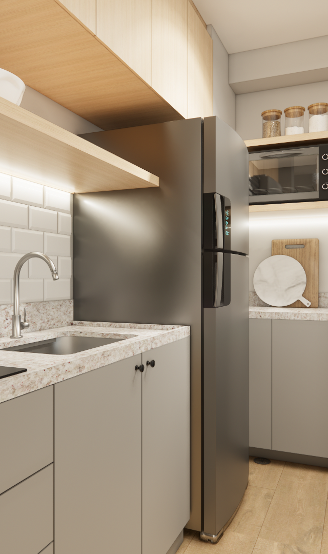 Render 3D de cozinha funcional cinza e madeira com bancada clara, marcenaria planejada e iluminação indireta quente