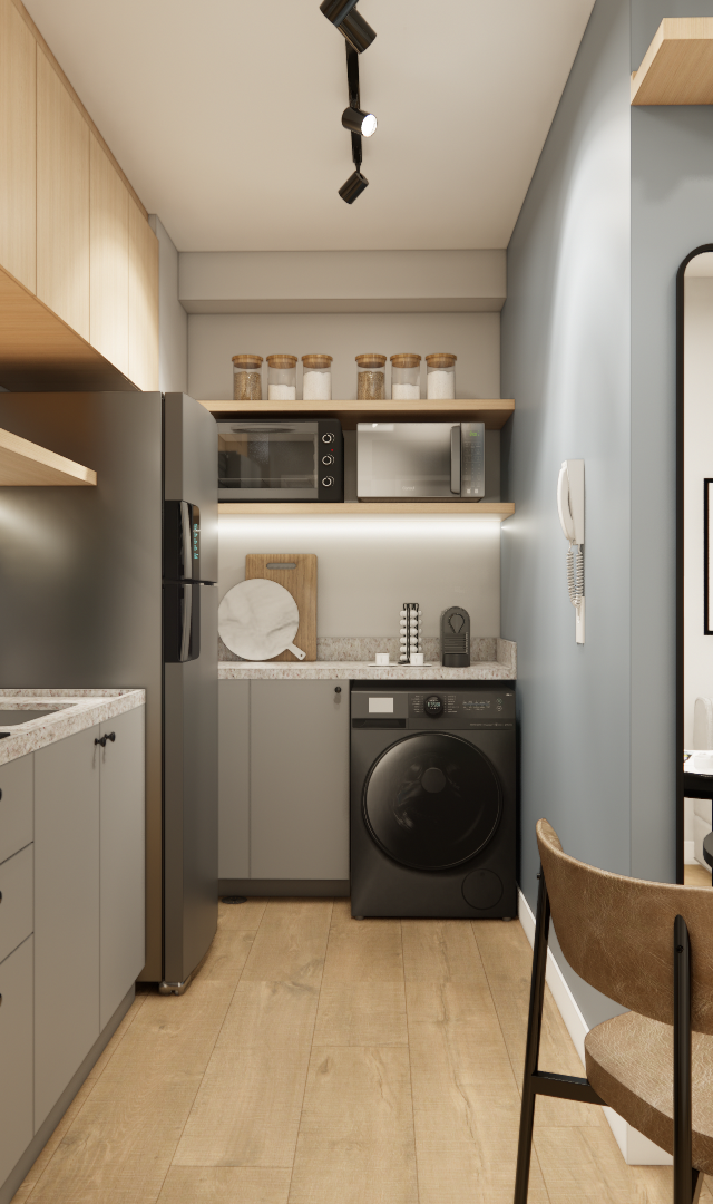 Render 3D de cozinha funcional e compacta com marcenaria cinza, detalhes em madeira, mesa oval preta e espelho longo