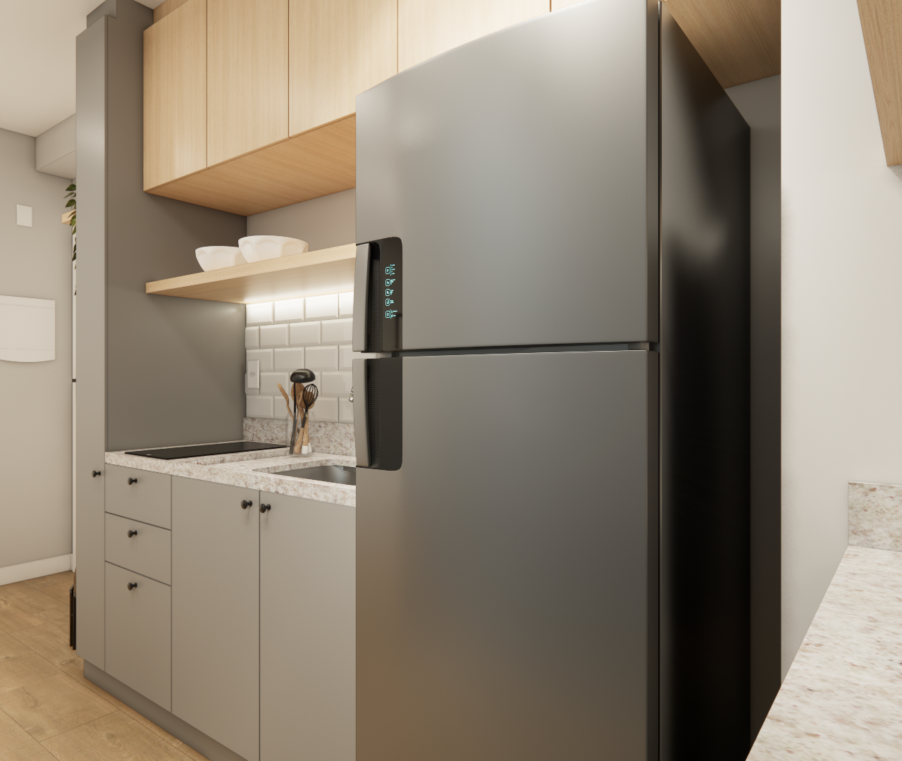 Render 3D de cozinha com geladeira cinza, marcenaria em tons de cinza e madeira, bancada em granito e azulejos brancos