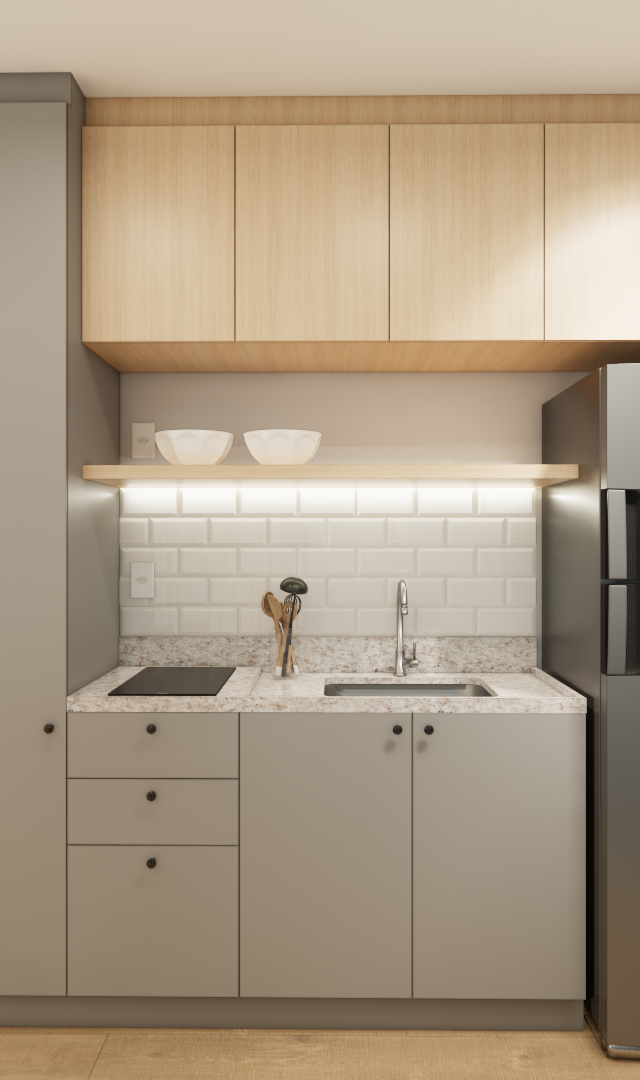 Render 3D de cozinha compacta GM Vila Olimpia Passarelli com marcenaria cinza, madeira clara, bancada em granito e LED