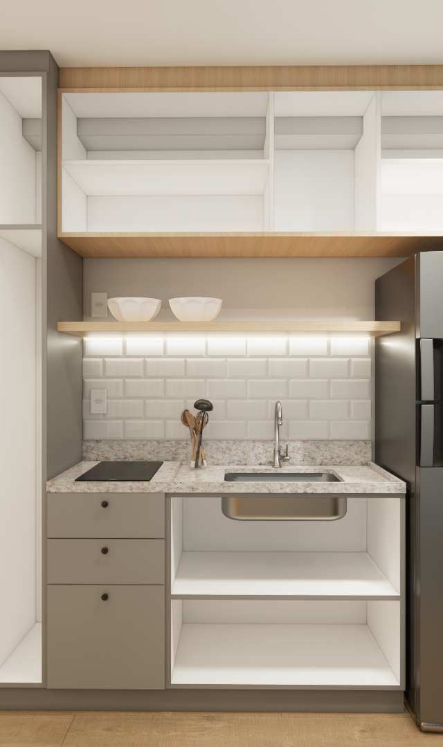 Render 3D de cozinha compacta GM - Vila Olimpia com armários cinza e madeira, bancada em granilite e geladeira inox