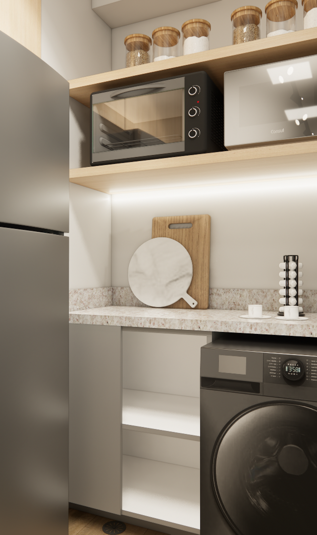 Render 3D de área de serviço com geladeira e lava e seca cinzas, bancada em granito, prateleiras de madeira e iluminação