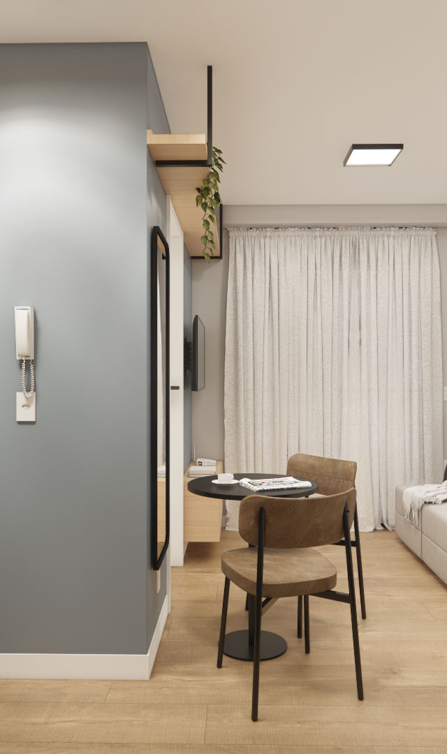Render 3D de sala e cozinha integrada, parede cinza, mesa redonda com cadeiras, sofá cinza e piso amadeirado claro