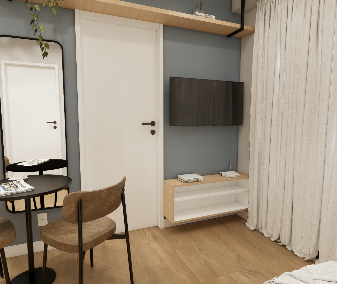 Render 3D de sala e cozinha integrada, parede cinza, marcenaria em madeira clara, mesa preta, cadeiras e luz difusa