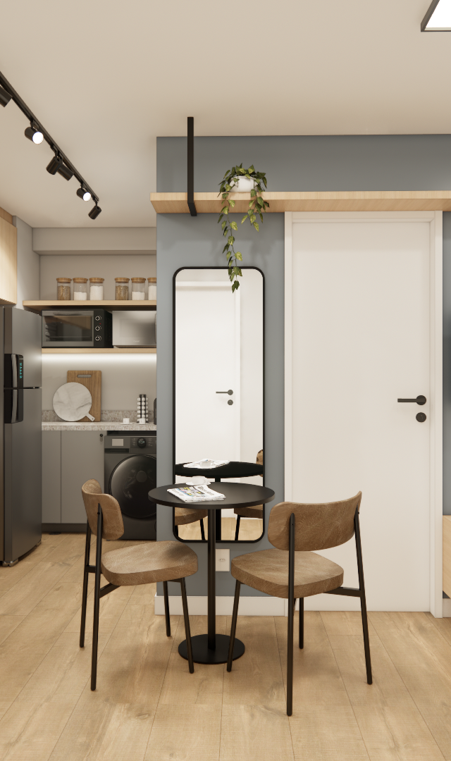 Render 3D de sala e cozinha integradas, marcenaria cinza e amadeirada, mesa redonda preta, iluminação em trilho e tons sóbrios