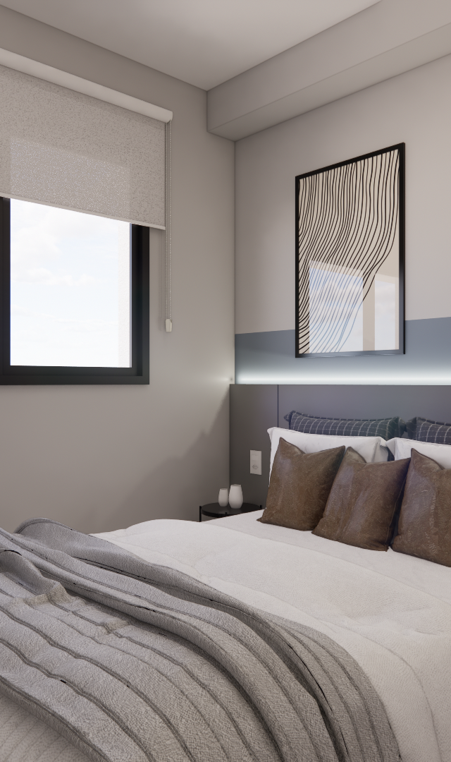 Render 3D de quarto GM Vila Olímpia com cama cinza, cabeceira iluminada, paredes em tons de cinza e azul e persiana clara