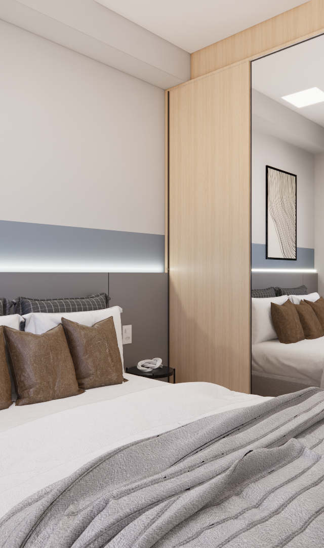 Render 3D de quarto com cama, cabeceira cinza, armário de madeira com espelho, quadros abstratos e iluminação em fita LED