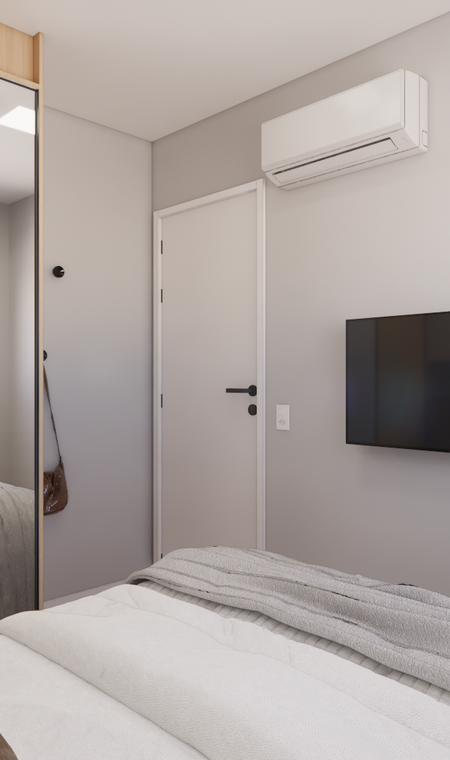 Render 3D de quarto com cama, armário com espelho, TV na parede, ar-condicionado e tons neutros de cinza e madeira