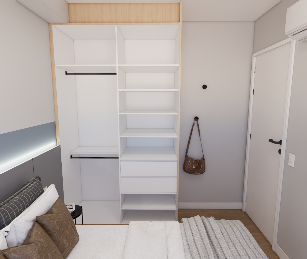Render 3D de quarto GM Vila Olimpia com armário branco embutido, cama, TV, paredes cinzas e iluminação indireta suave