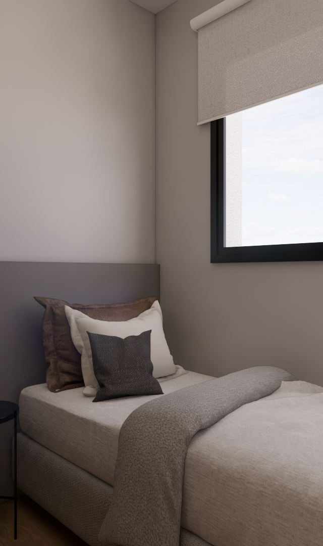 Render 3D de dormitório no projeto GM Vila Olimpia Passarelli com cama solteiro, painel cinza e janela com persiana