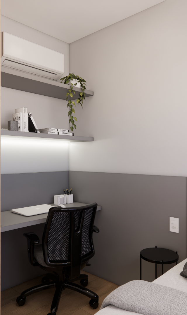 Render 3D de quarto projeto GM Vila Olimpia Passarelli com mesa de trabalho, armário em madeira, parede cinza e cama