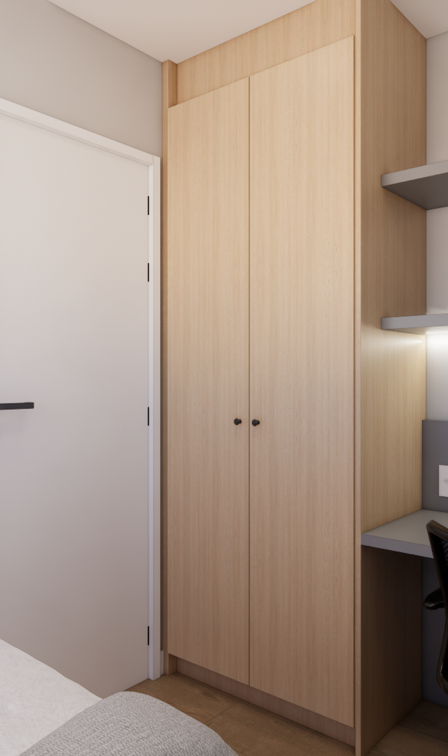 Render 3D de quarto com marcenaria em madeira e cinza, mesa de estudos, prateleiras, cadeira preta e iluminação em LED