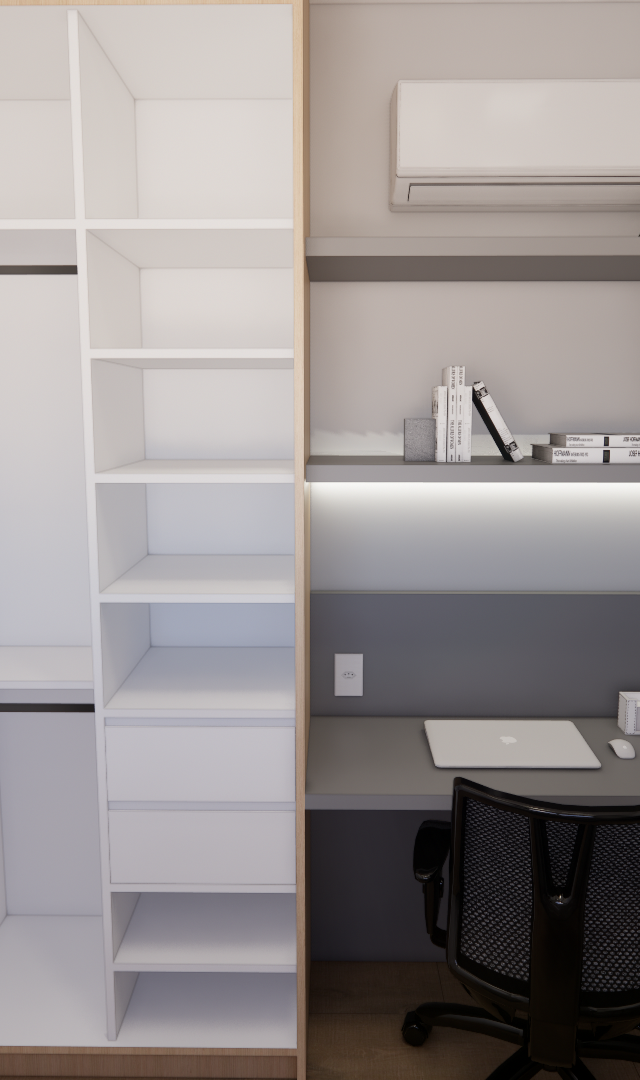 Render 3D de home office em tons cinza com armário planejado branco, prateleiras, bancada e cadeira ergonômica preta