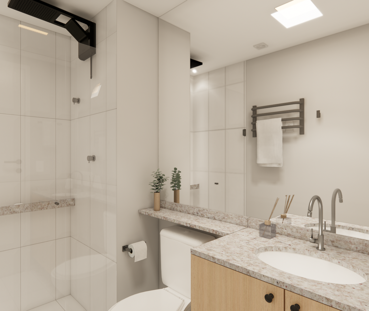 Render 3D de banheiro moderno em tons claros com bancada em granito, armário de madeira, metais pretos e iluminação led