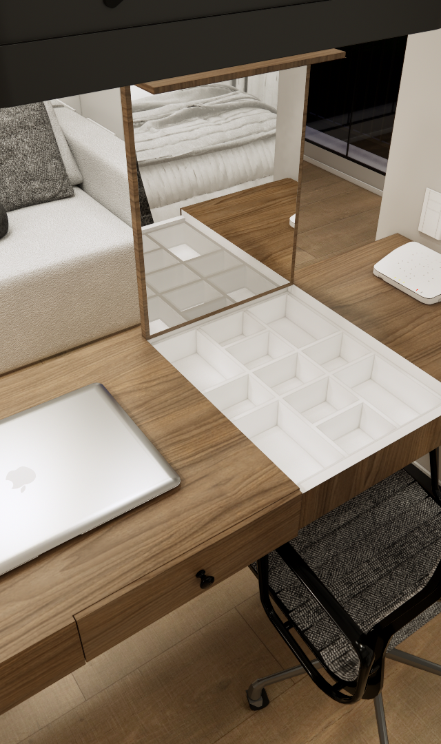 Render 3D de mesa de trabalho de madeira com organizador embutido e espelho, junto a sofá cinza em sala de 31m²
