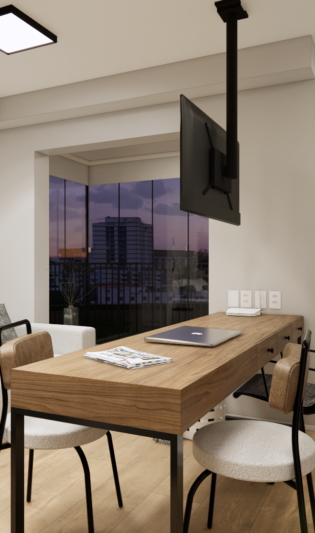 Render 3D de estúdio compacto 31 m² com sofá bege, mesa de madeira, TV suspensa, tons neutros e iluminação suave