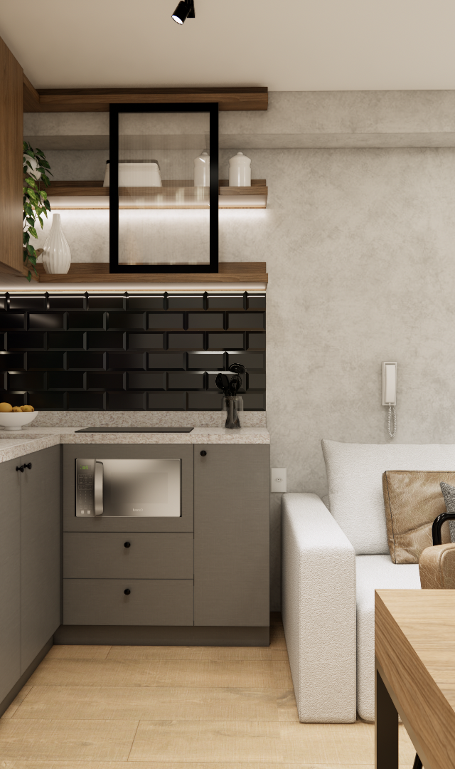 Render 3D de sala e cozinha integradas, marcenaria em madeira e cinza, azulejos pretos, sofá claro e iluminação indireta