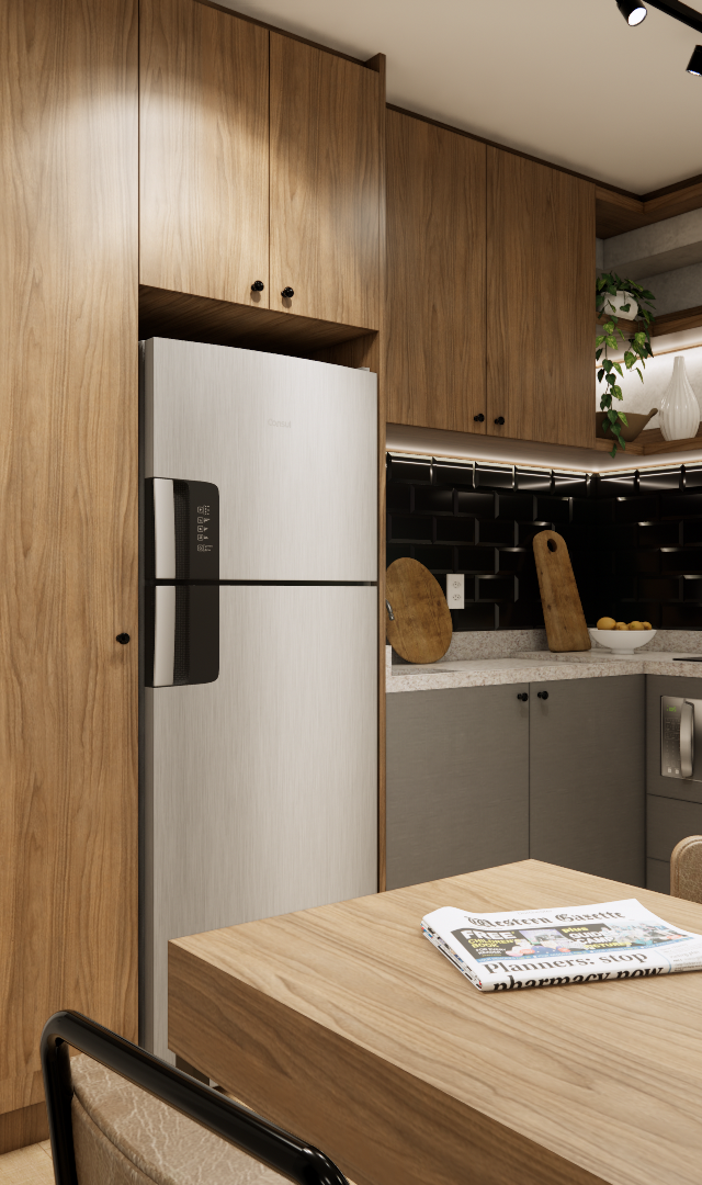 Render 3D de cozinha compacta, marcenaria em tons amadeirados e cinza, revestimento preto, iluminação quente e área de refeição