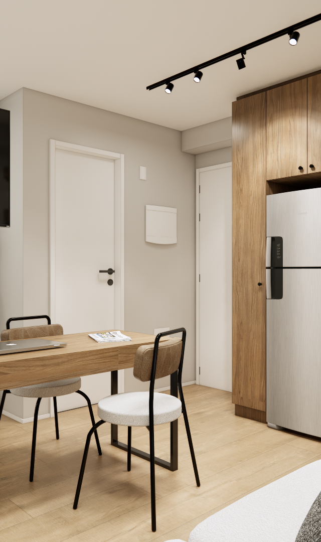 Render 3D de estúdio de 31m² com cozinha integrada, marcenaria em madeira e cinza, mesa de jantar e iluminação em trilho