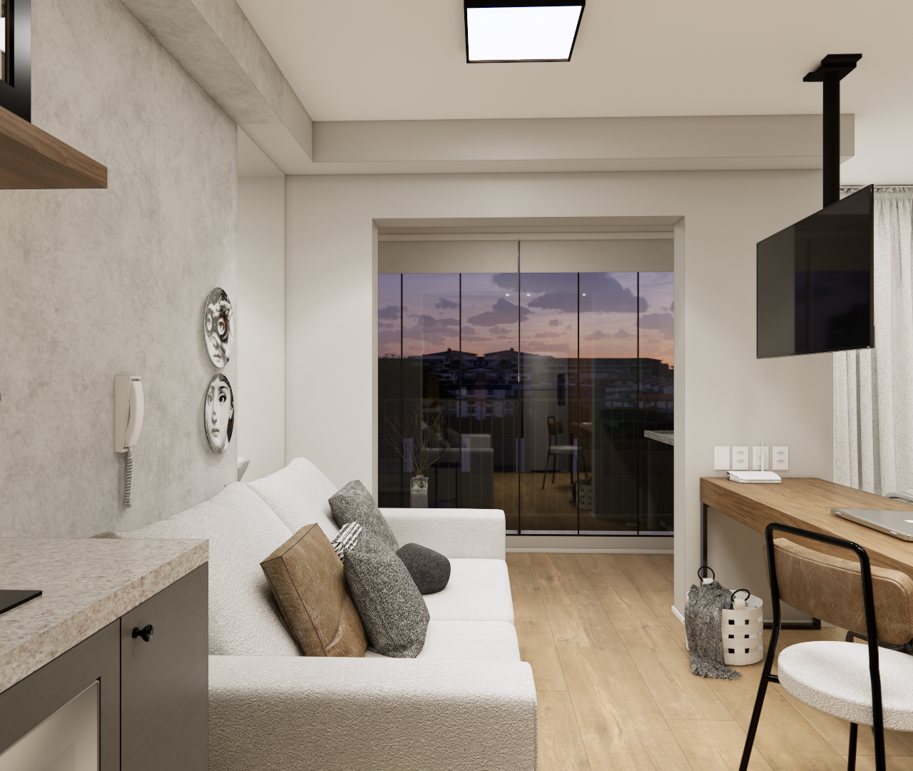 Render 3D de sala e cozinha integradas, marcenaria em madeira e cinza, sofá claro, bancada de trabalho e iluminação neutra