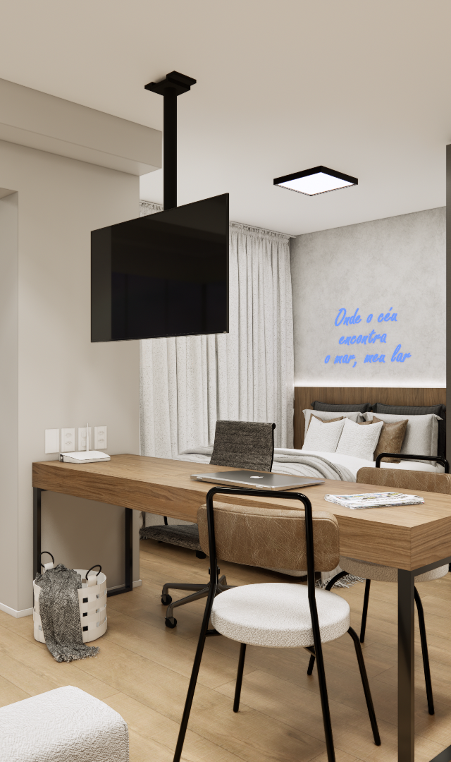 Render 3D de estúdio de 31m² com mesa de trabalho em madeira, TV giratória, sofá, cama com neon e tons neutros em São Paulo