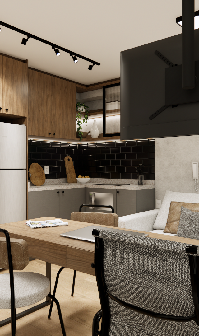 Render 3D de sala e cozinha integradas, marcenaria em madeira, iluminação por trilho e tv giratória, tons neutros e preto