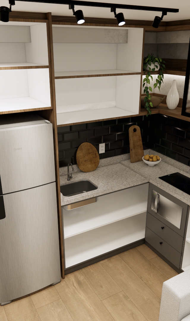 Render 3D de cozinha compacta com marcenaria amadeirada, azulejos pretos, bancada cinza e iluminação de trilho no teto