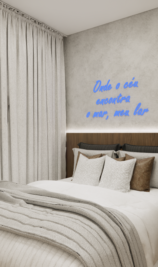 Render 3D de quarto pequeno com cama, painel amadeirado, parede em cimento queimado com neon azul e cortina clara