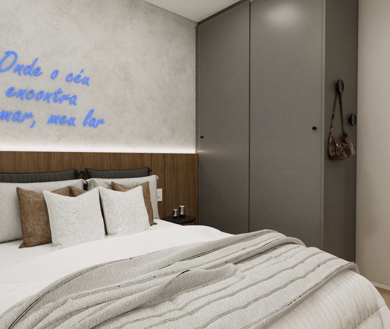 Render 3D de quarto pequeno com cama, cabeceira de madeira, armário cinza e letreiro neon azul na parede de cimento queimado