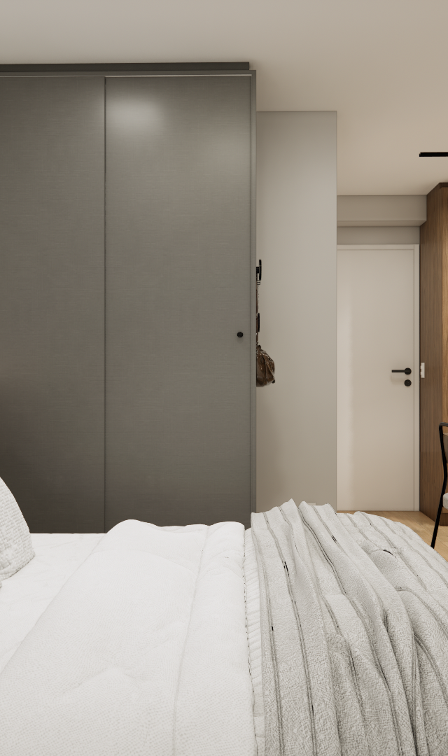 Render 3D de estúdio no Tucuruvi com cama, armário cinza, mesa de trabalho em madeira e cozinha integrada com iluminação