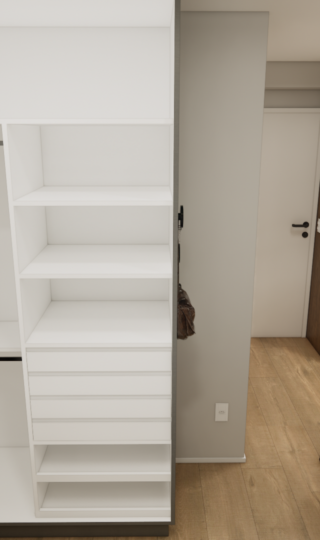 Render 3D do MOBI Tucuruvi com closet branco, marcenaria em tons amadeirados, cozinha integrada e iluminação por trilhos