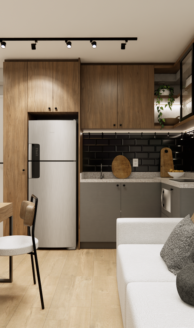 Render 3D de sala e cozinha integradas, marcenaria em madeira e cinza, azulejos pretos, sofá claro e iluminação em trilho