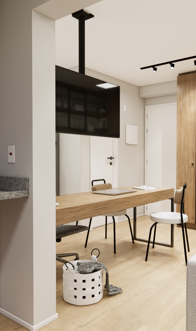 Render 3D de sala e cozinha integradas, marcenaria em tons amadeirados, iluminação em trilho, TV suspensa e cores neutras