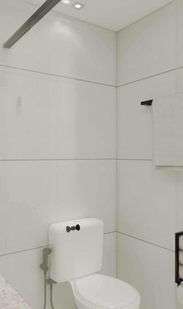 Render 3D de banheiro compacto com paredes em revestimento off-white, louças brancas, metais pretos e iluminação embutida