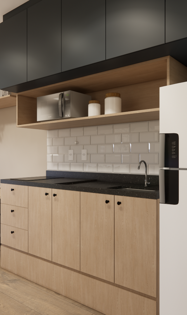 Render 3D de cozinha compacta e escritório com marcenaria em tons de madeira e preto, bancada em granito e geladeira branca